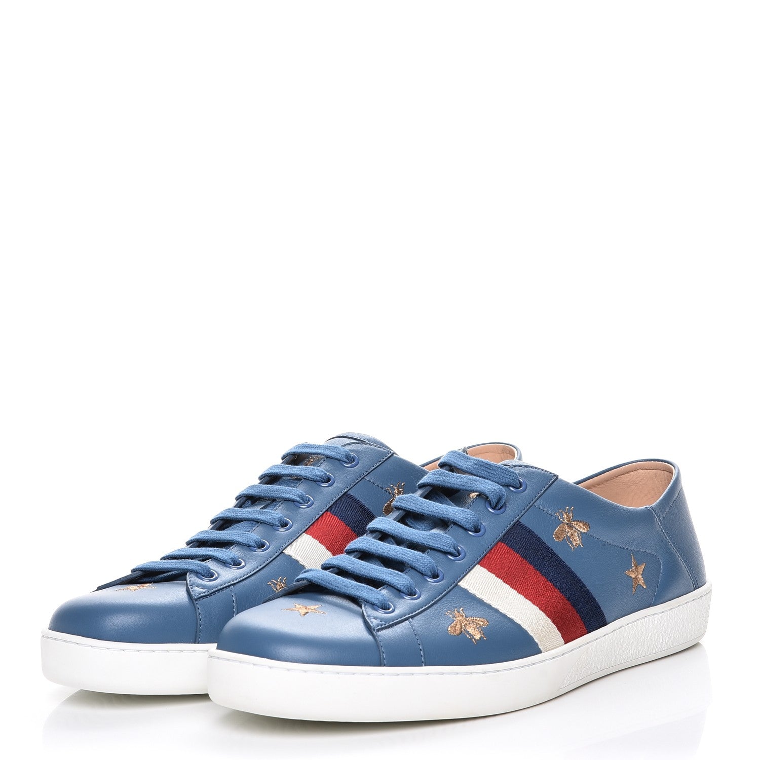 Gucci Calfskin Web Bee Star Embroidered Mens Sylvie Web Ace Sneakers 10.5 Blue 3 of 9