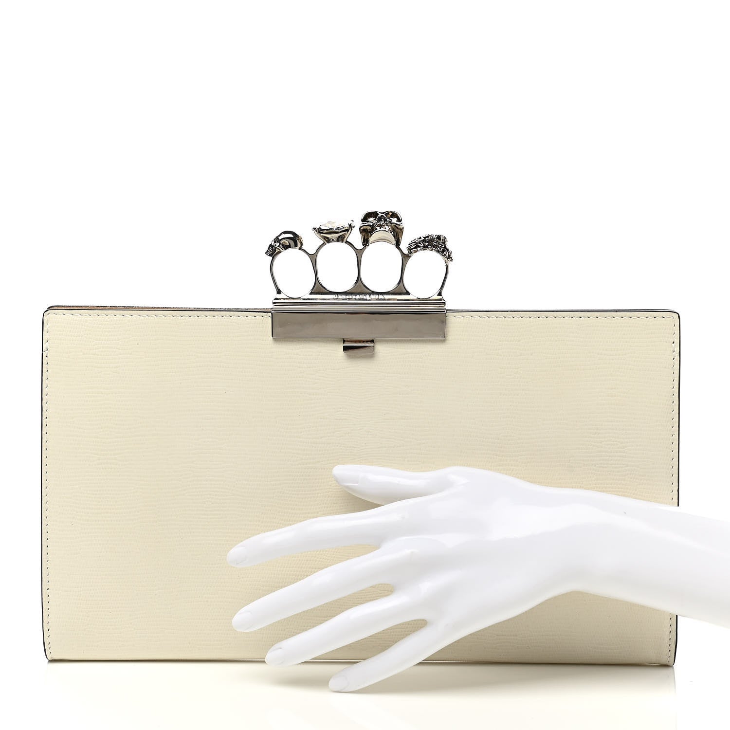 Alexander McQueen Calfskin Lizard Embossed Knuckle Flat Clutch White 2 of 6