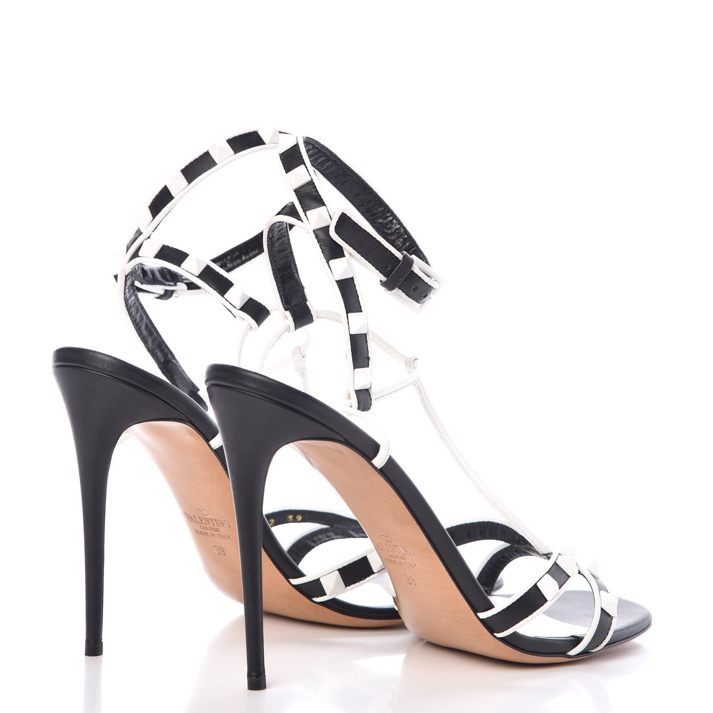 Calfskin Free Rockstud Ankle T-Strap 105mm Sandals 39 Black Optic White