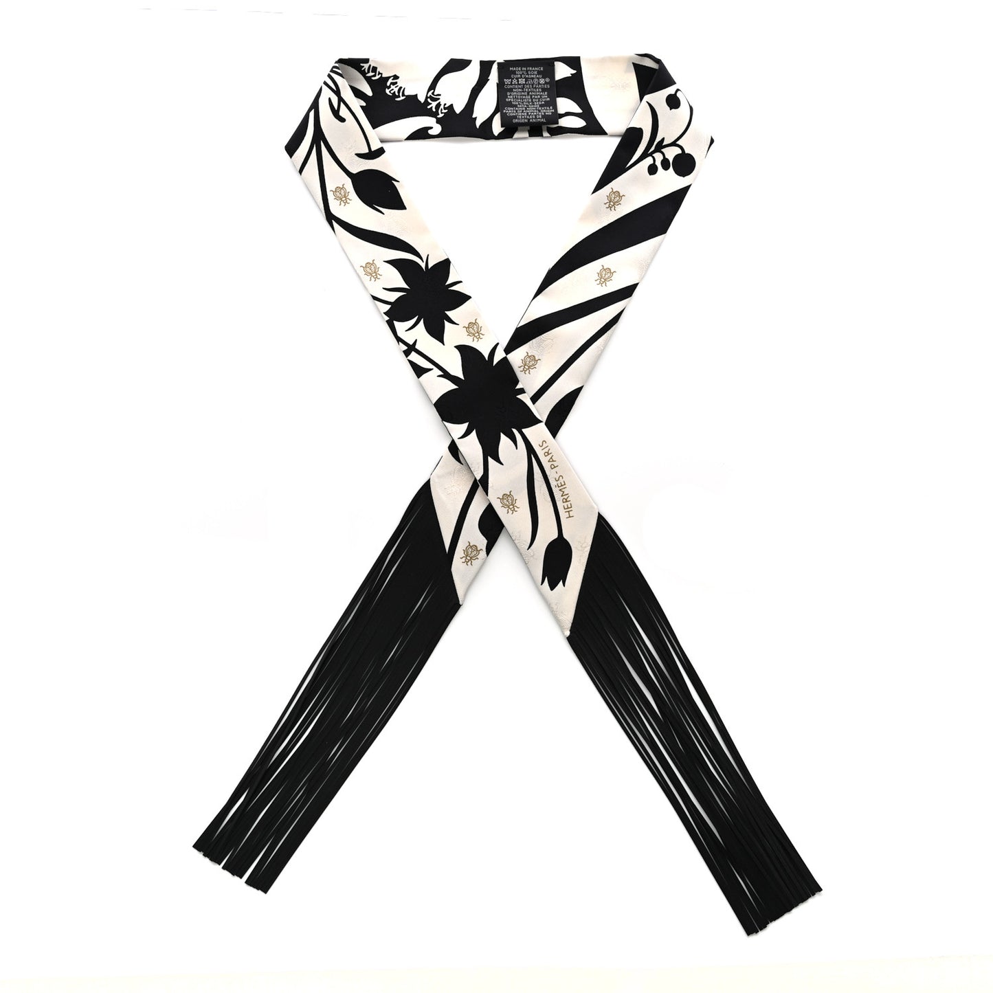 Silk Calfskin Bouquet Final Fringed Twilly Creme Black