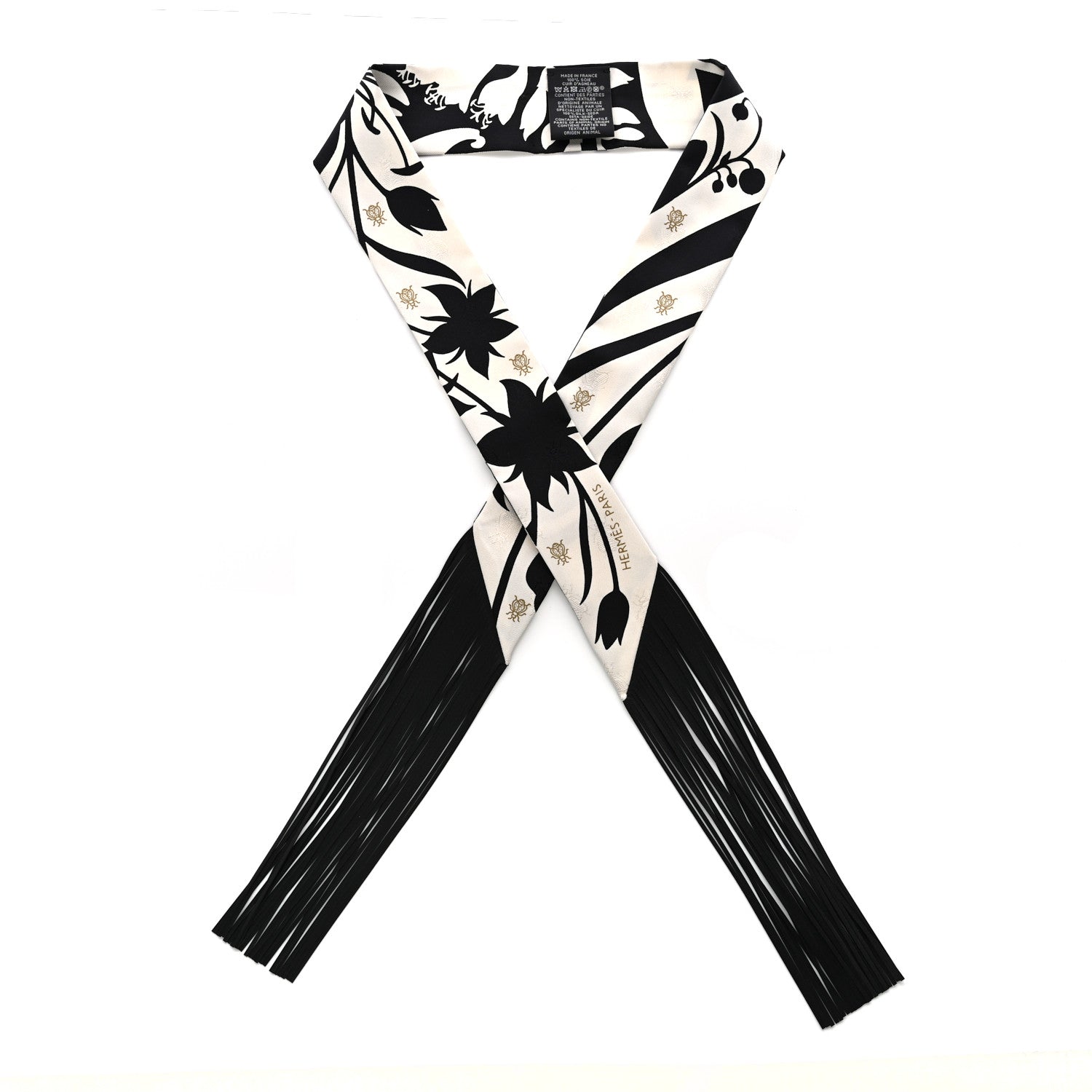 Hermes Silk Calfskin Bouquet Final Fringed Twilly Creme Black 1 of 4