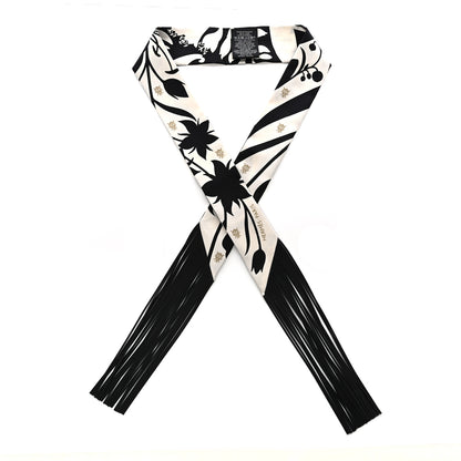 Hermes Silk Calfskin Bouquet Final Fringed Twilly Creme Black 1 of 4