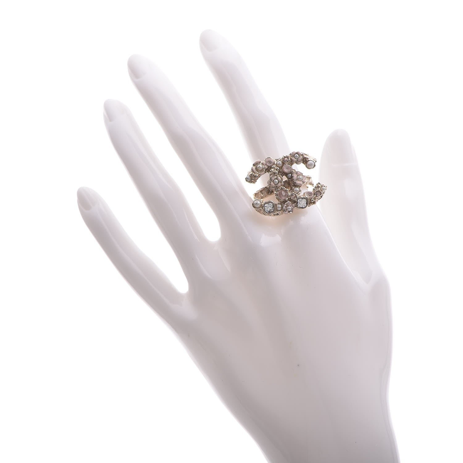 Chanel Resin Crystal Pearl CC Flower Ring 6.5 Gold 2 of 7