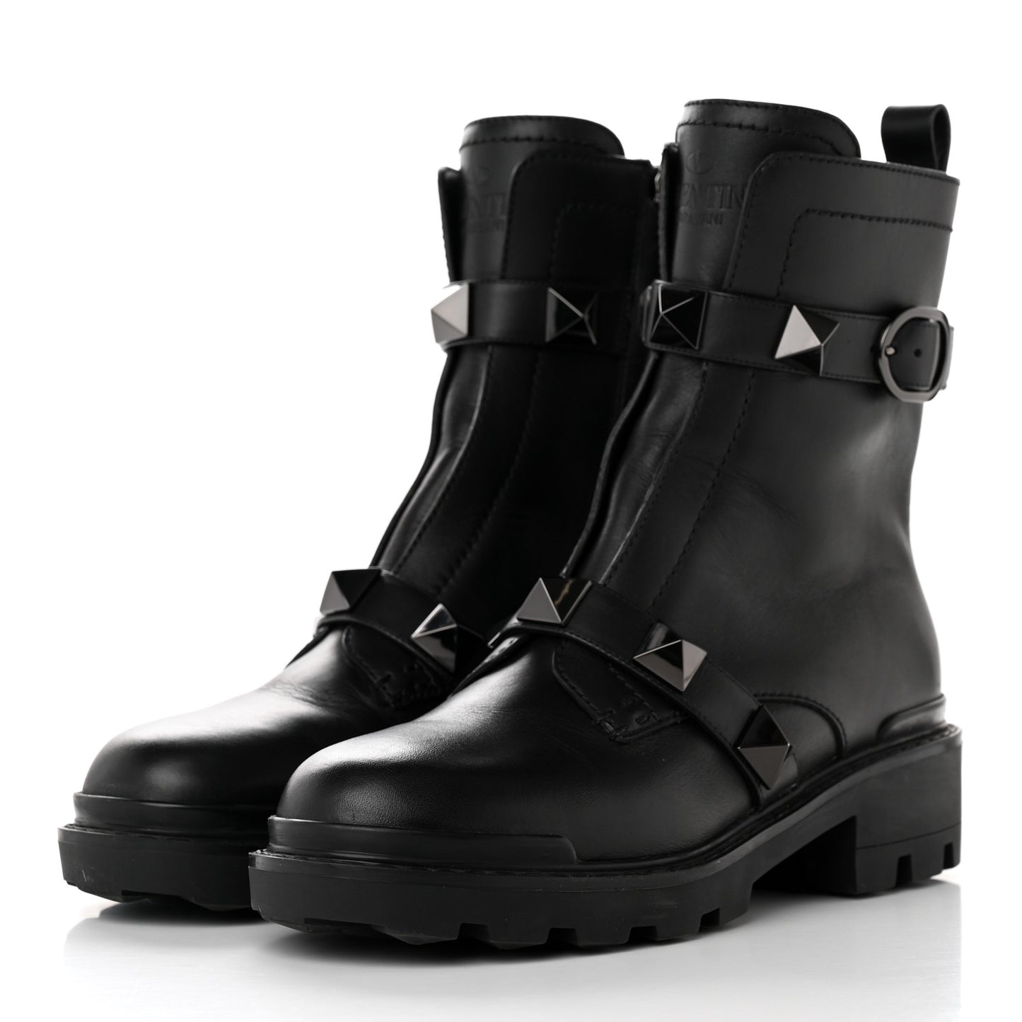 Calfskin Tonal Roman Stud 20/40mm Combat Boots 39 Black