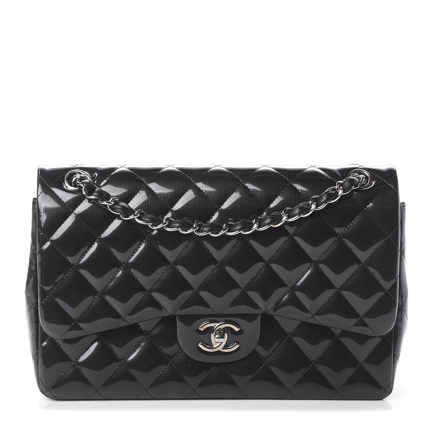 Striated Patent Quilted Jumbo Double Flap Black