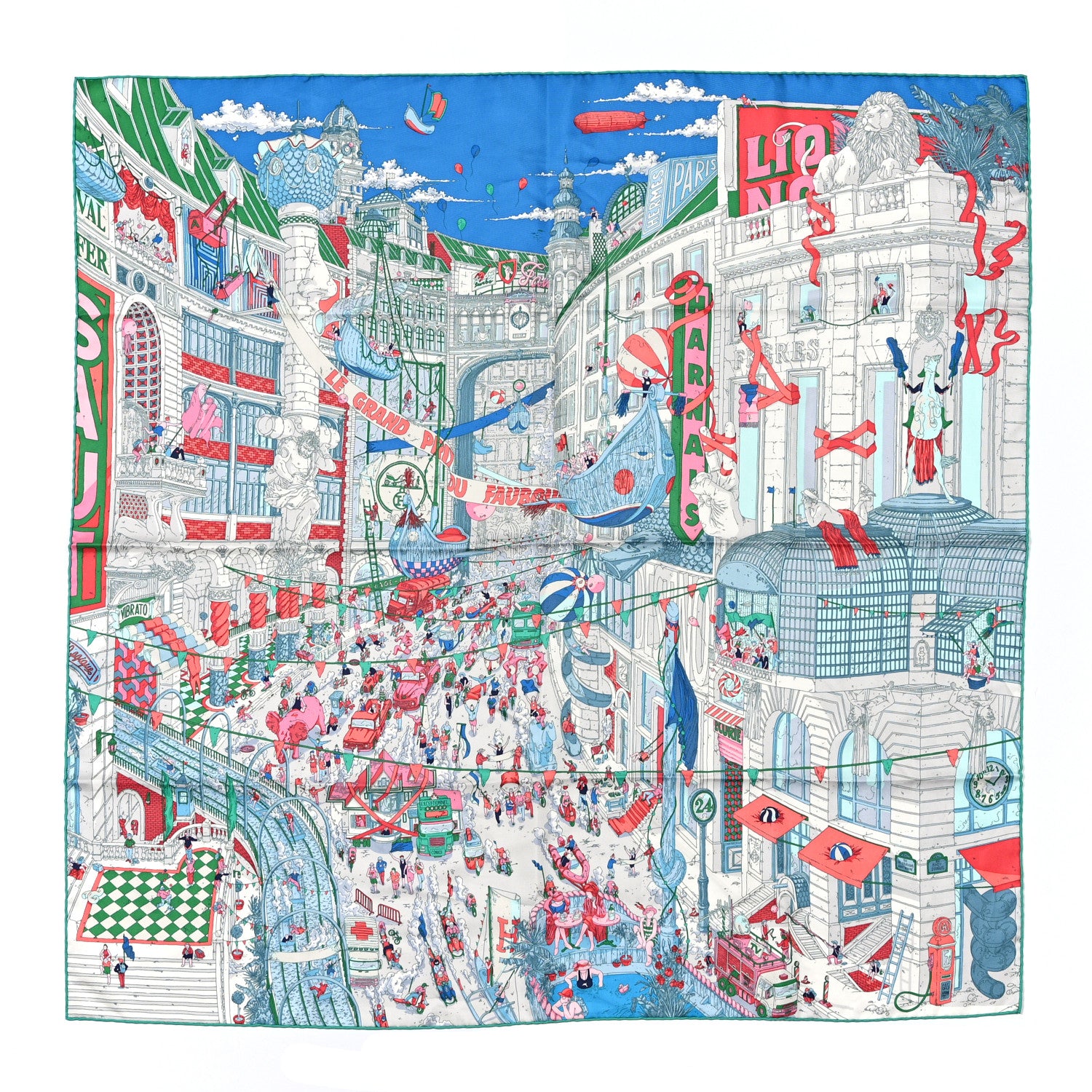 Hermes Silk Le Grand Prix Au Faubourg Scarf 90 Bleu Rose Menthol 1 of 3