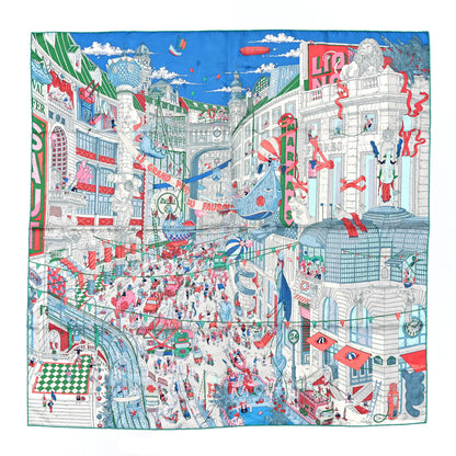 Hermes Silk Le Grand Prix Au Faubourg Scarf 90 Bleu Rose Menthol 1 of 3
