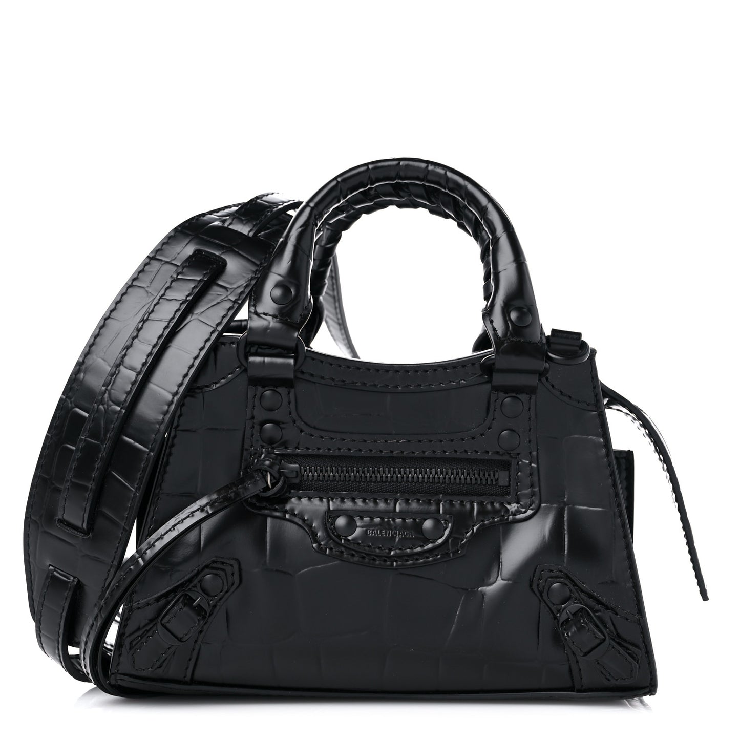 Semi Shiny Calfskin Crocodile Embossed Neo Classic Black Hardware Nano City Crossbody Black