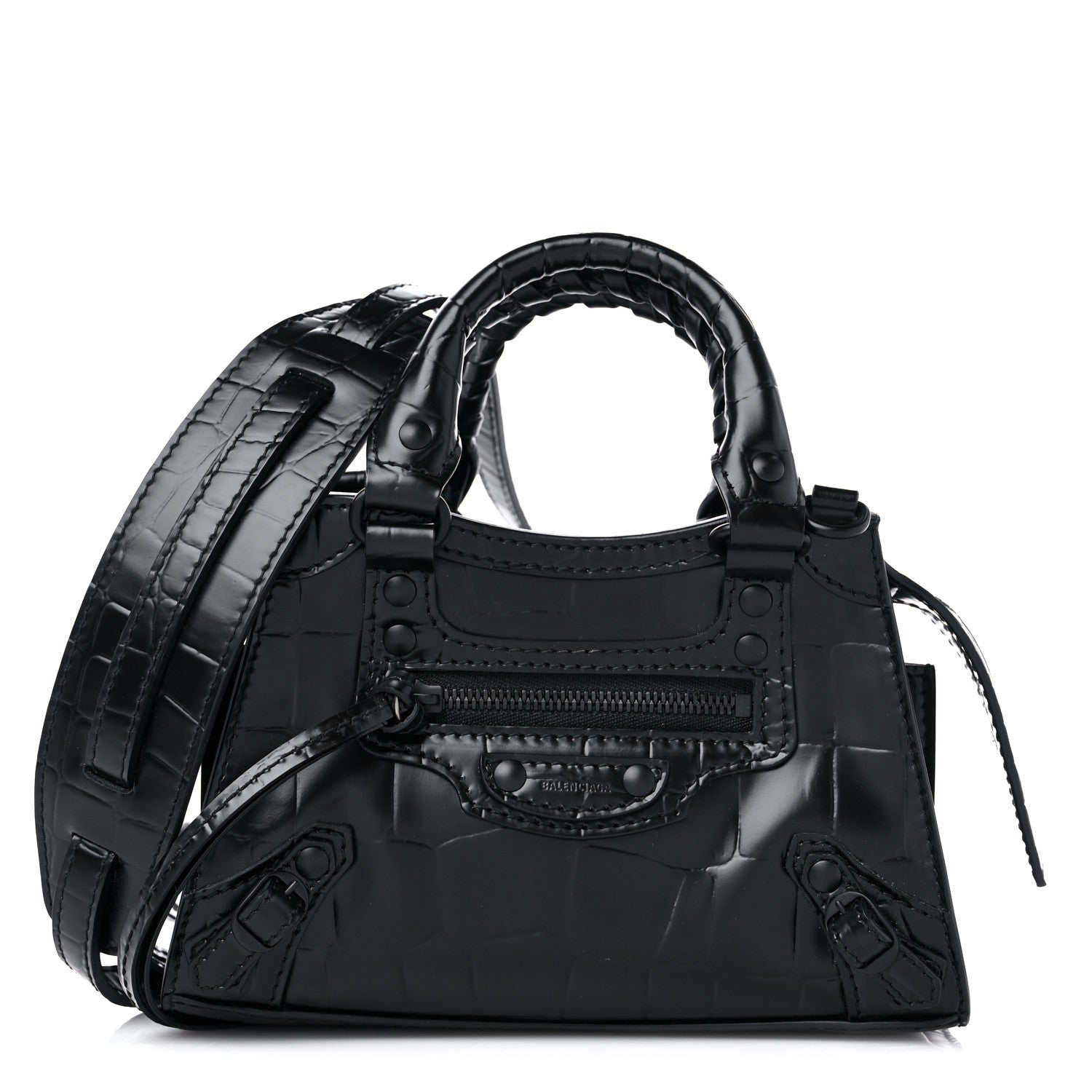 Balenciaga Semi Shiny Calfskin Crocodile Embossed Neo Classic Black Hardware Nano City Crossbody Black 1 of 7