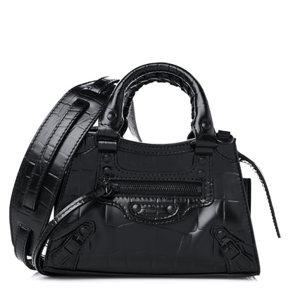 Balenciaga Semi Shiny Calfskin Crocodile Embossed Neo Classic Black Hardware Nano City Crossbody Black 1 of 7