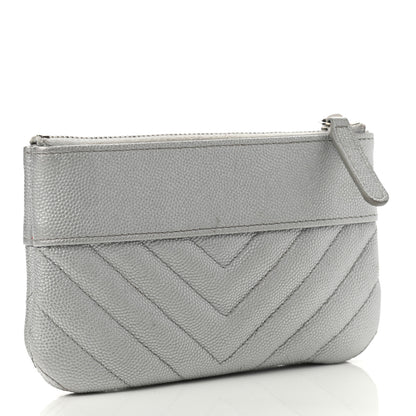 Chanel Metallic Caviar Chevron Quilted Small Vintage Mademoiselle Cosmetic Case Silver 3 of 8