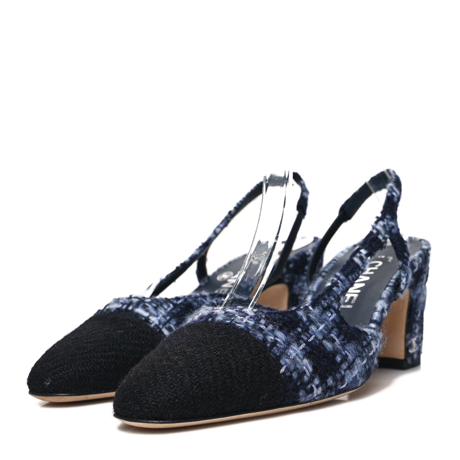 Chanel Tweed Cap Toe CC Slingback Pumps 36.5 Navy Blue Black