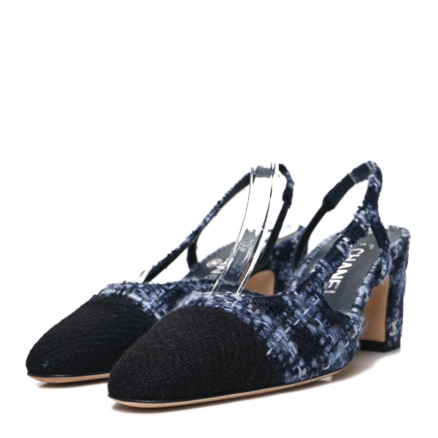 Tweed Cap Toe CC Slingback Pumps 36.5 Navy Blue Black