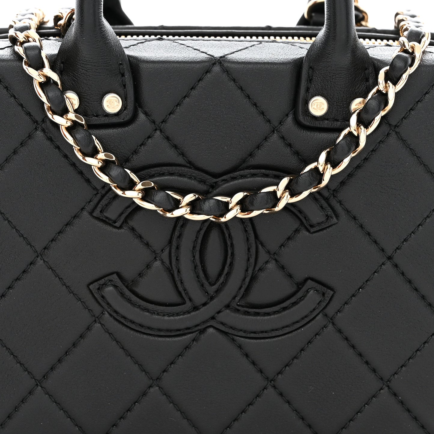 Calfskin Quilted Small Studded Square Vanity Case Black