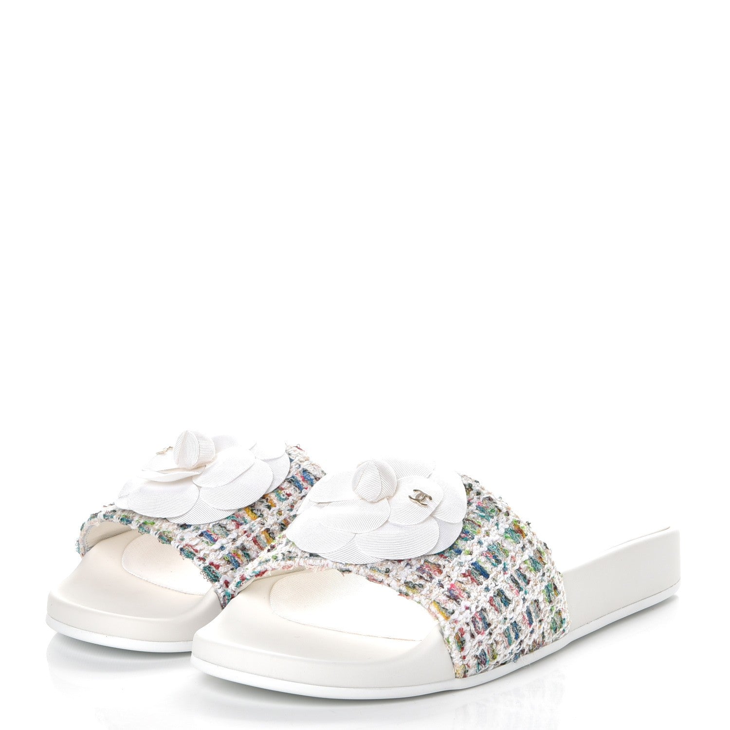 Chanel Tweed Grosgrain Camellia CC Flat Mules 38 Ecru Green Ivory 3 of 10