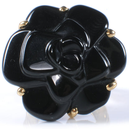 Chanel 18K Yellow Gold Ceramic Camellia Cachlonj Ring 8 Black 1 of 6