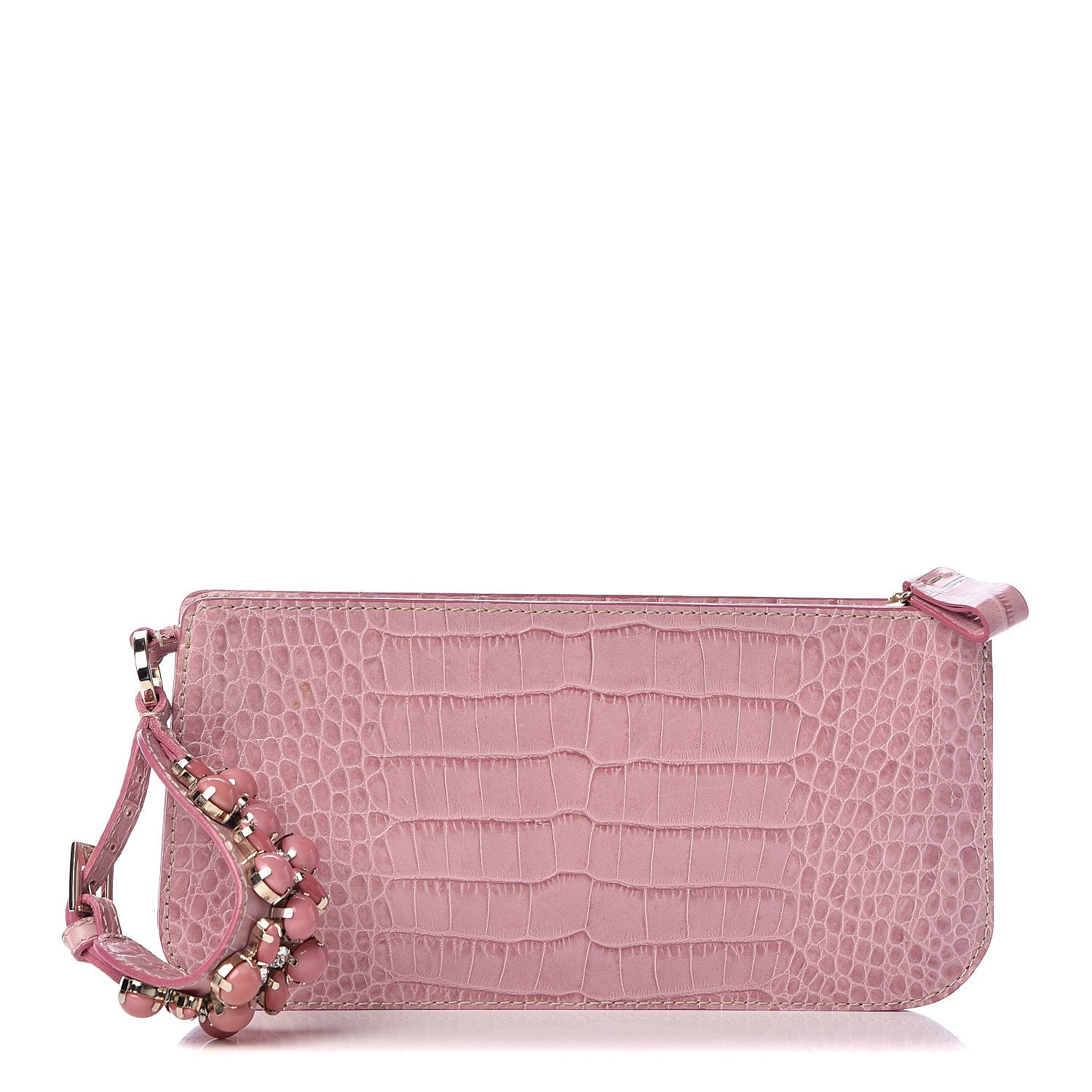 Valentino Garavani Calfskin Crocodile Embossed Crystal Wristlet Clutch Pink 1 of 9