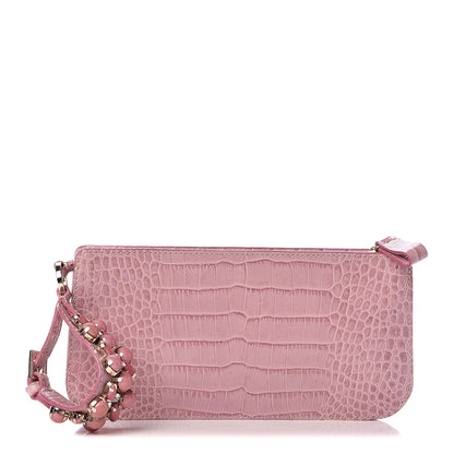 Valentino Garavani Calfskin Crocodile Embossed Crystal Wristlet Clutch Pink 1 of 9