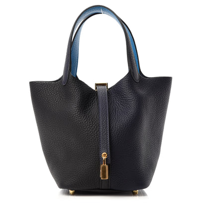 Hermes Taurillon Clemence Casaque Picotin Lock 18 PM Bleu Nuit Black Blue Frida 1 of 11