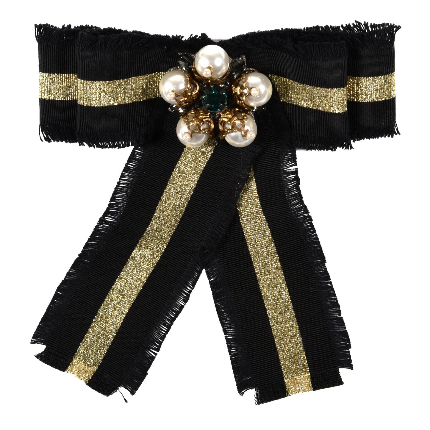 Ribbon Bow Pearl Brooch Black Gold