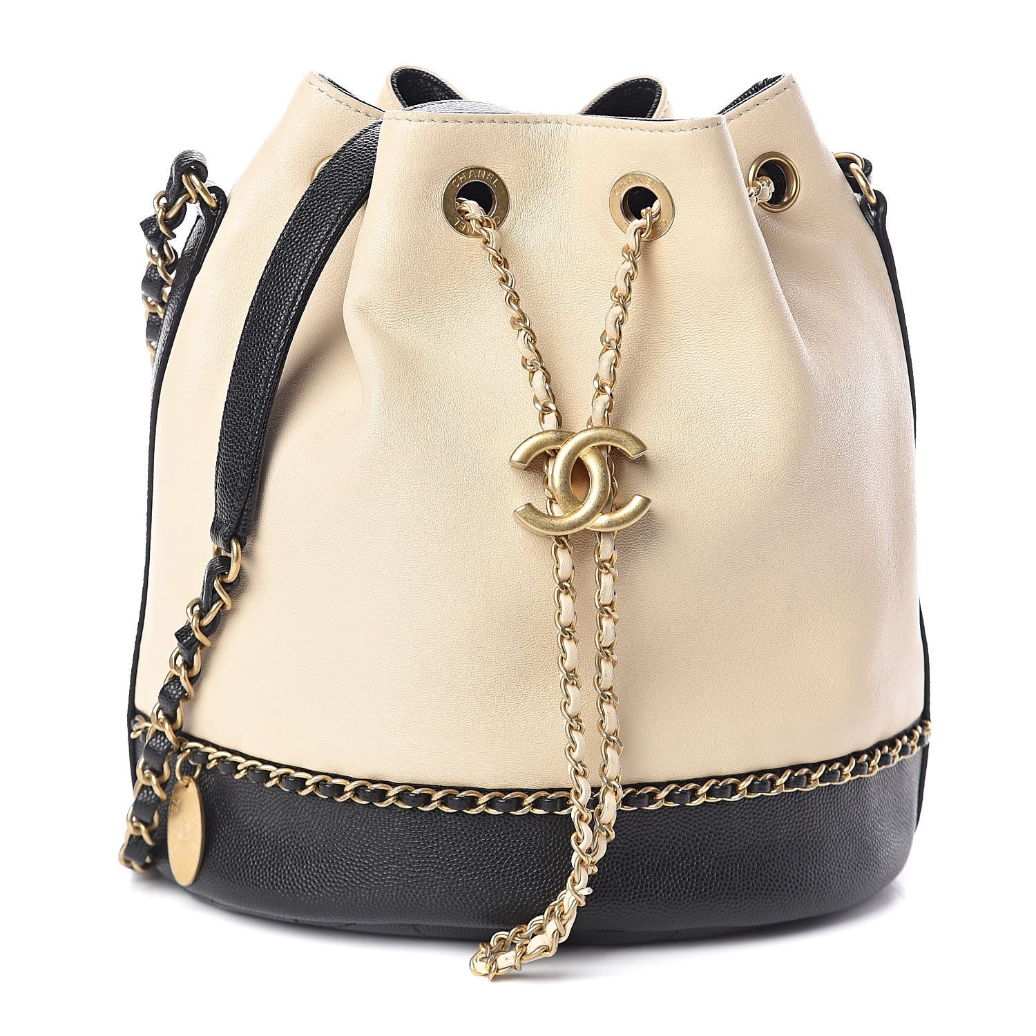 Chanel Lambskin Caviar Lovely Chains Drawstring Bag Beige Black 1 of 10