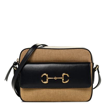 Gucci Vintage Rice Canvas Azalea Calfskin Small Horsebit 1955 Shoulder Bag Beige Black 1 of 7