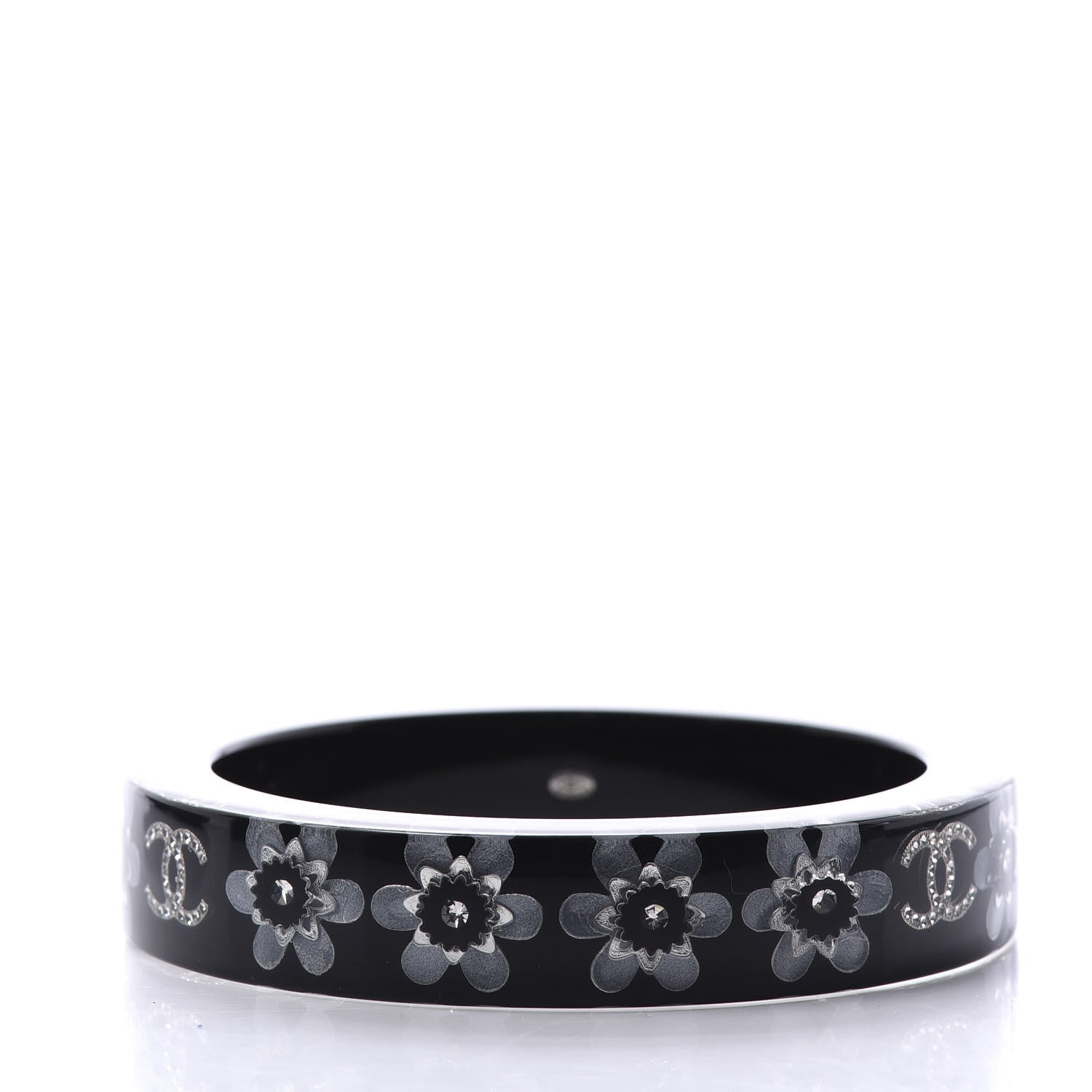Chanel Resin Crystal CC Floral Bangle Bracelet Black 3 of 8