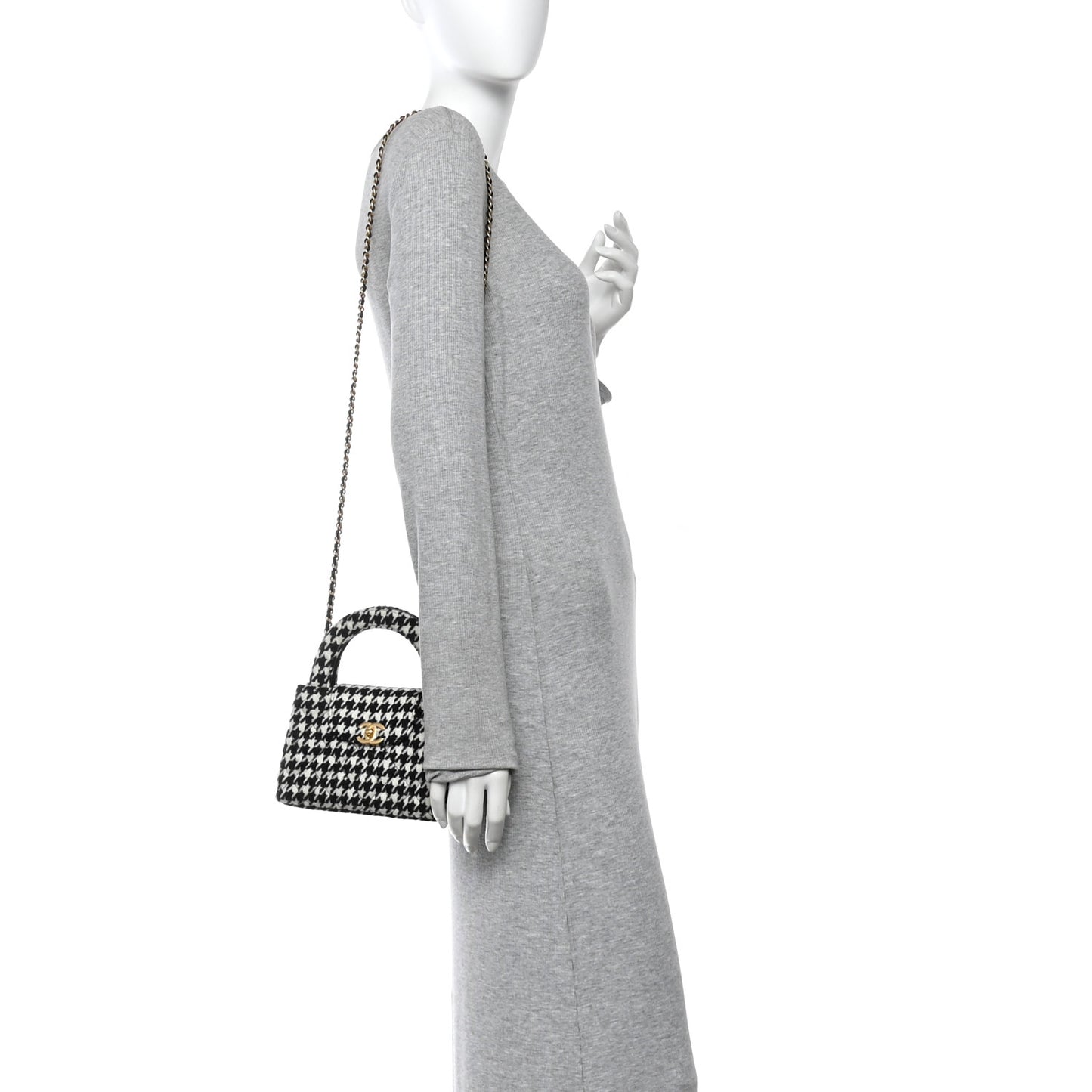 Tweed Houndstooth Quilted Nano Kelly Shopper Black White
