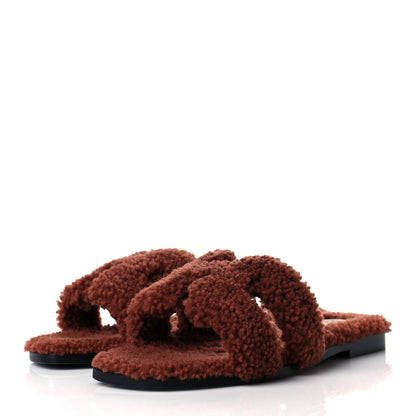 Hermes Woolskin Oran Sandals 37.5 Cognac 3 of 9