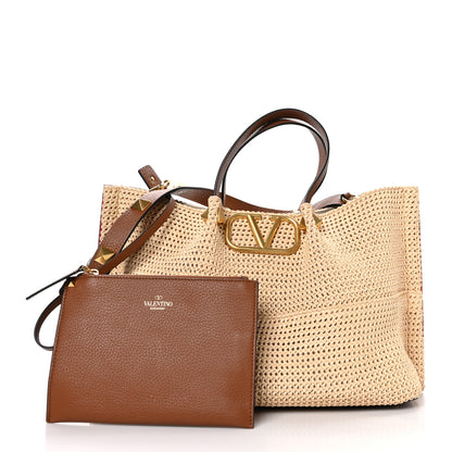 Valentino Garavani Raffia Grained Calfskin Medium Rockstud Vlogo Tote Naturale 3 of 10