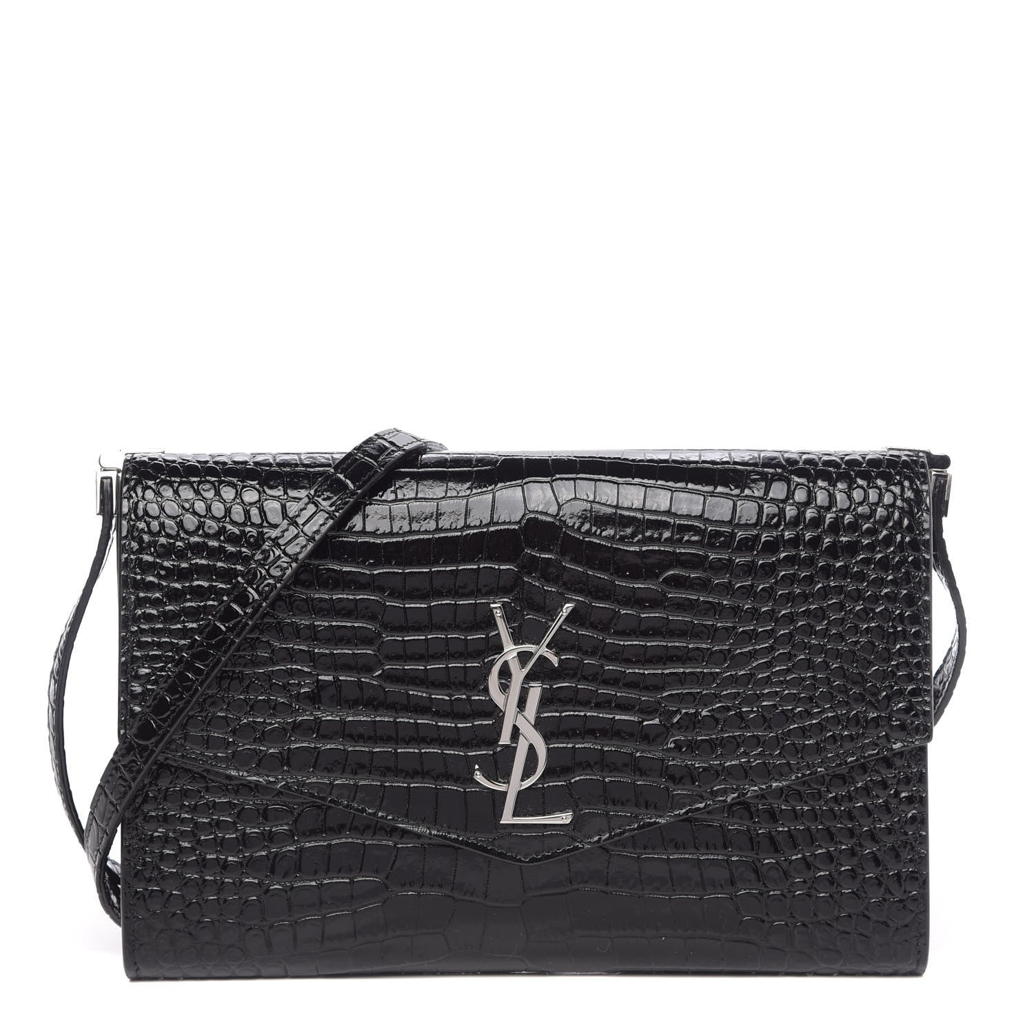 Saint Laurent Calfskin Crocodile Embossed Monogram Uptown Crossbody Black 1 of 9