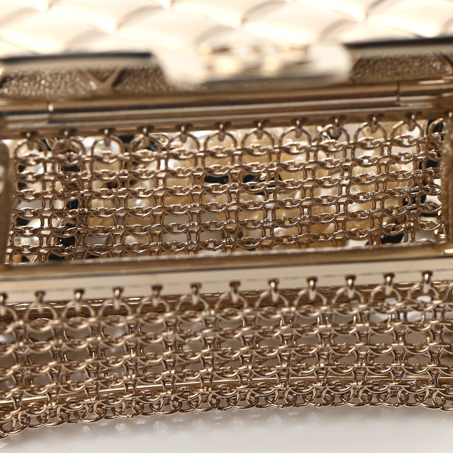 Metal Lambskin Pearl Chain Flap Bag Long Necklace Gold Black Pearly White