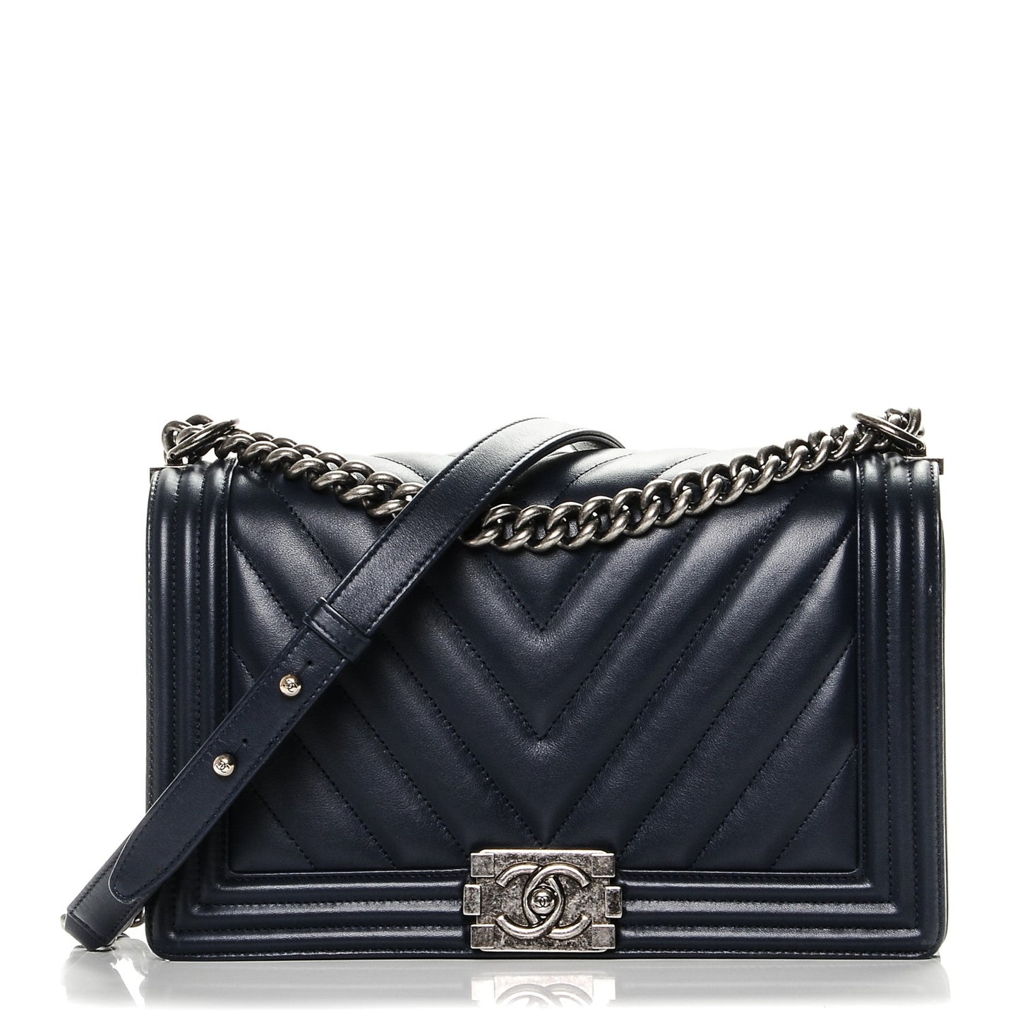 Lambskin Chevron Quilted New Medium Boy Flap Dark Navy Blue