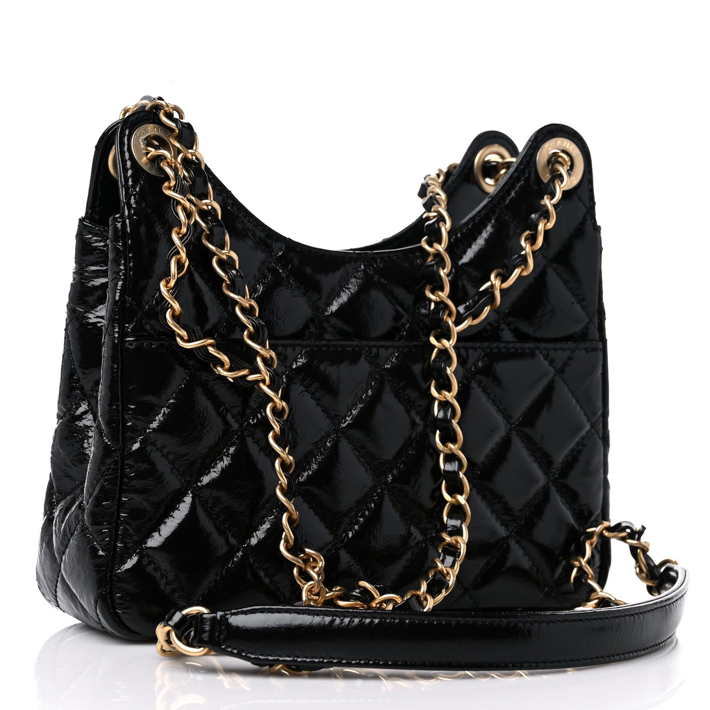 Shiny Crumpled Calfskin Quilted Small Wavy CC Hobo Black