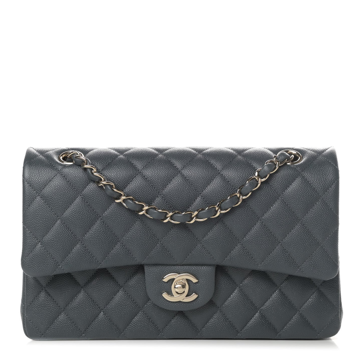 Caviar Quilted Medium Double Flap Dark Grey