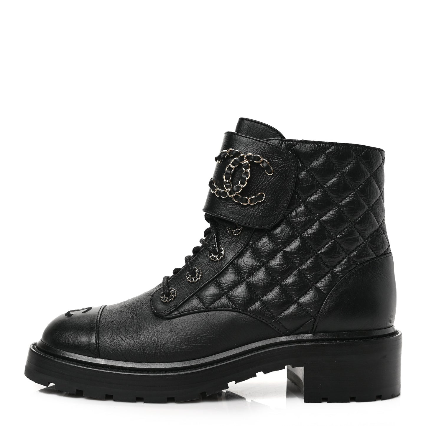 Shiny Goatskin Calfskin Quilted Lace Up Combat Boots 40 Black