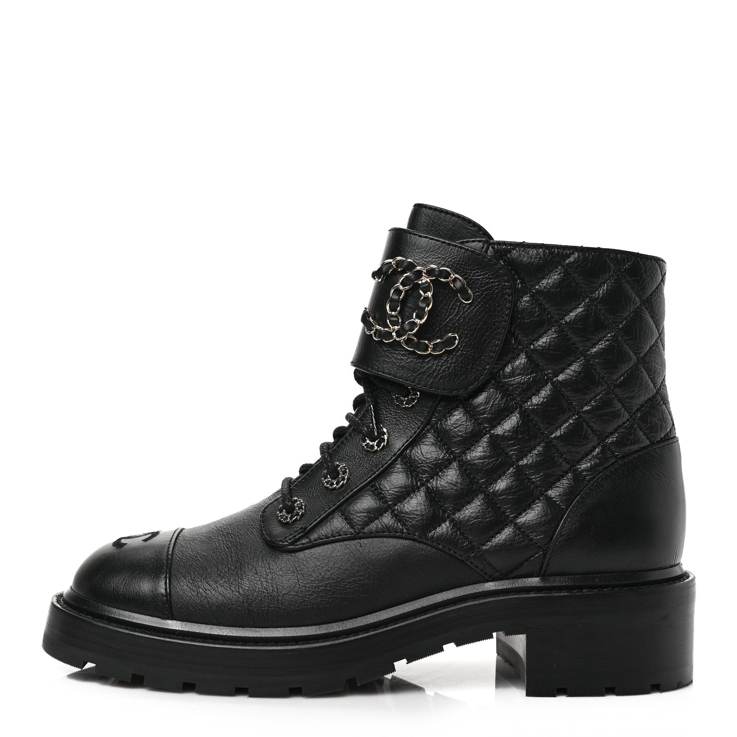 Chanel Shiny Goatskin Calfskin Quilted Lace Up Combat Boots 40 Black 1 of 7