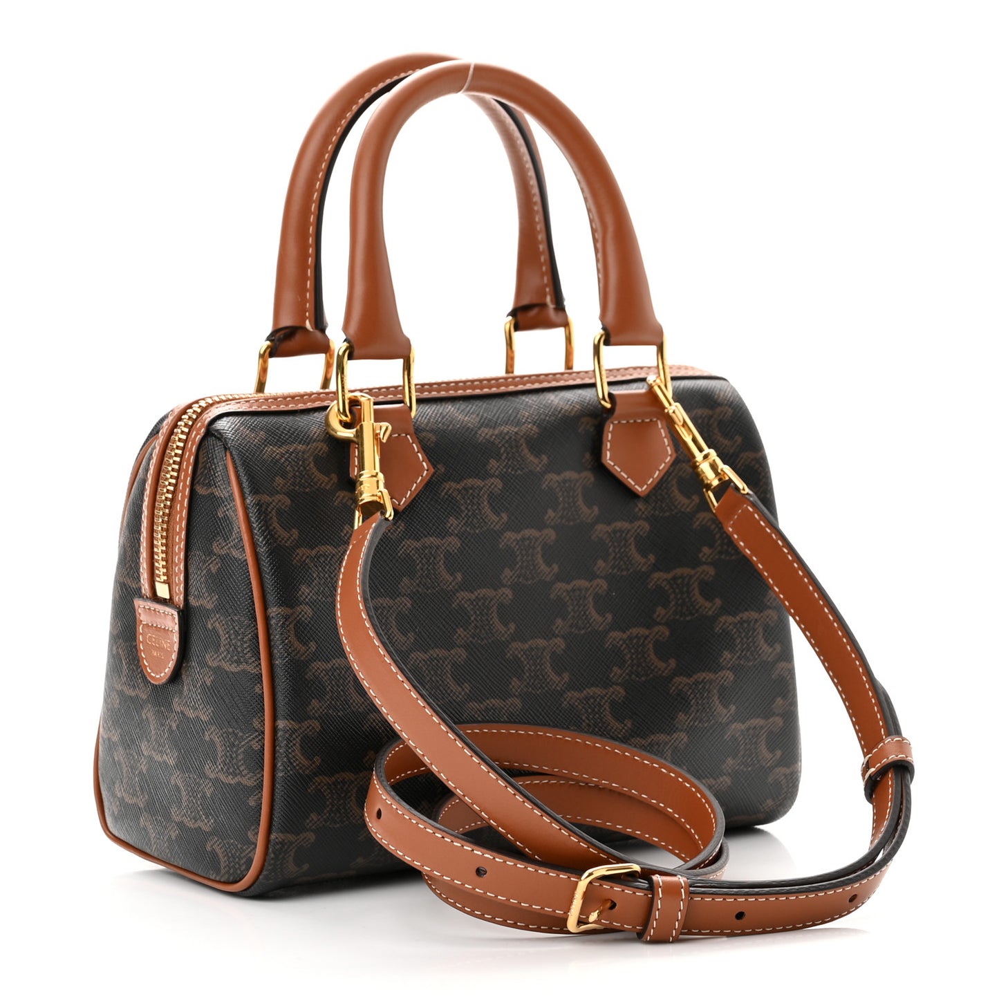 Triomphe Canvas Calfskin Small Boston Bag Tan