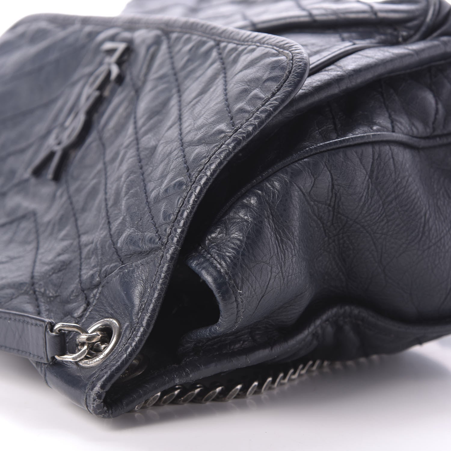 Saint Laurent Crinkled Calfskin Matelasse Monogram Large Niki Chain Satchel Deep Marine 11 of 12