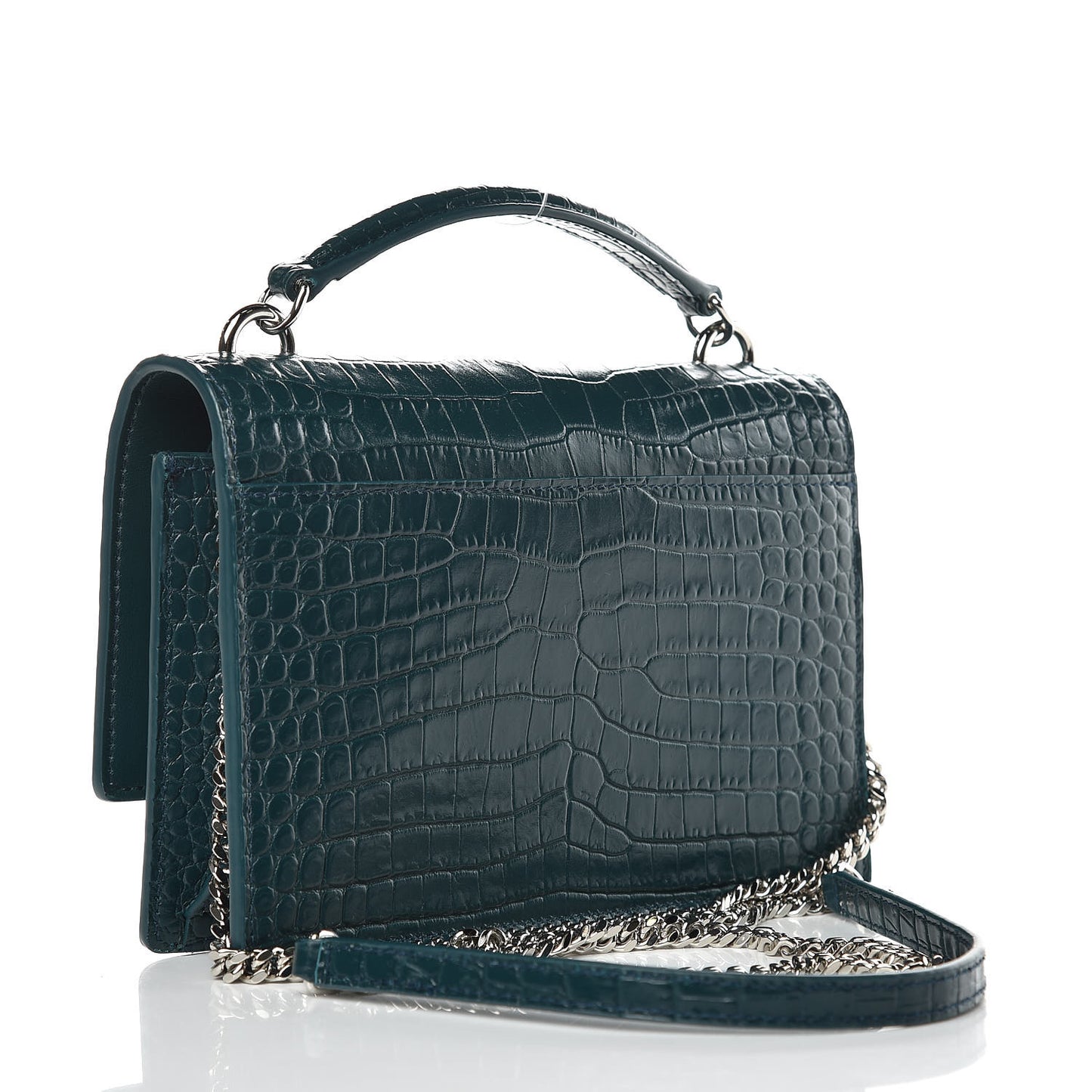 Calfskin Crocodile Embossed Monogram Sunset Chain Wallet Dark Turquoise