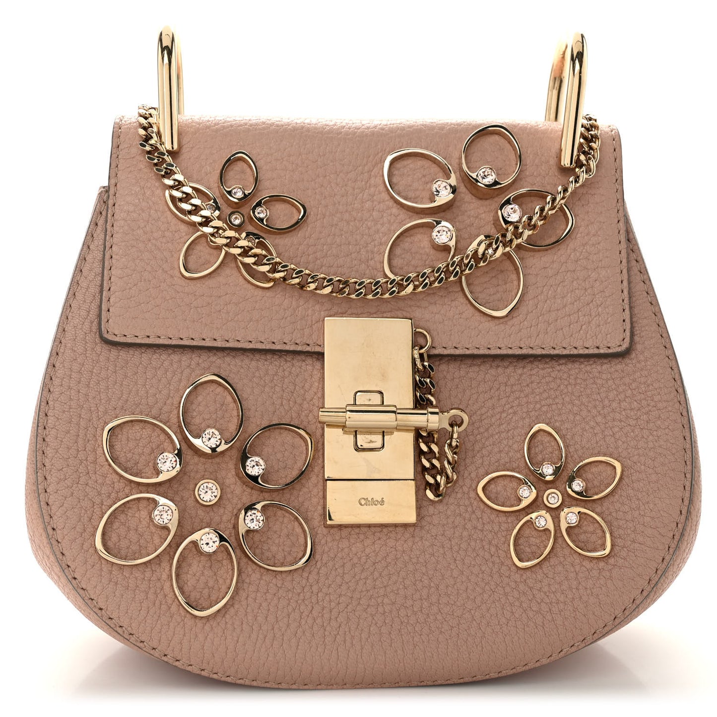 Grained Lambskin Flower Crystal Embellished Mini Drew Shoulder Bag Cement Pink