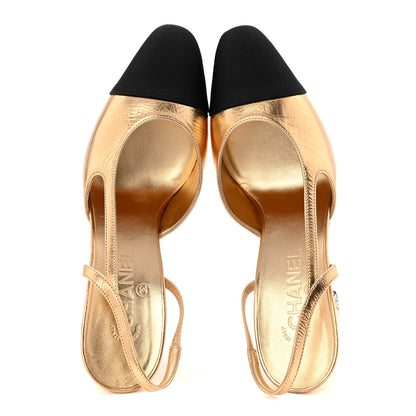 Chanel Laminated Crumpled Lambskin Grosgrain Cap Toe CC Slingback Pumps 39.5 Gold Black 2 of 10