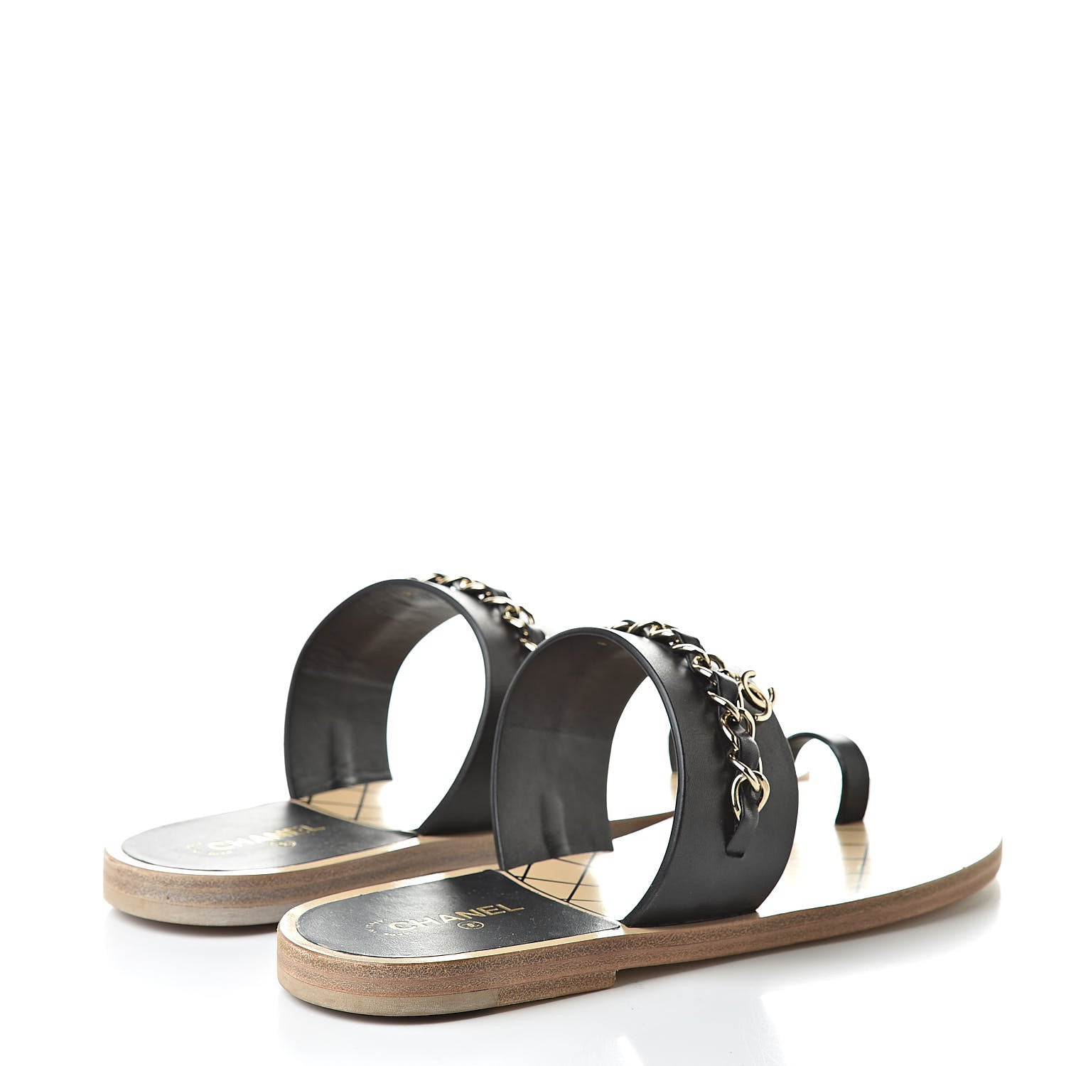 Chanel Calfskin Chain CC Logo Toe Ring Sandals 37 Black 4 of 9