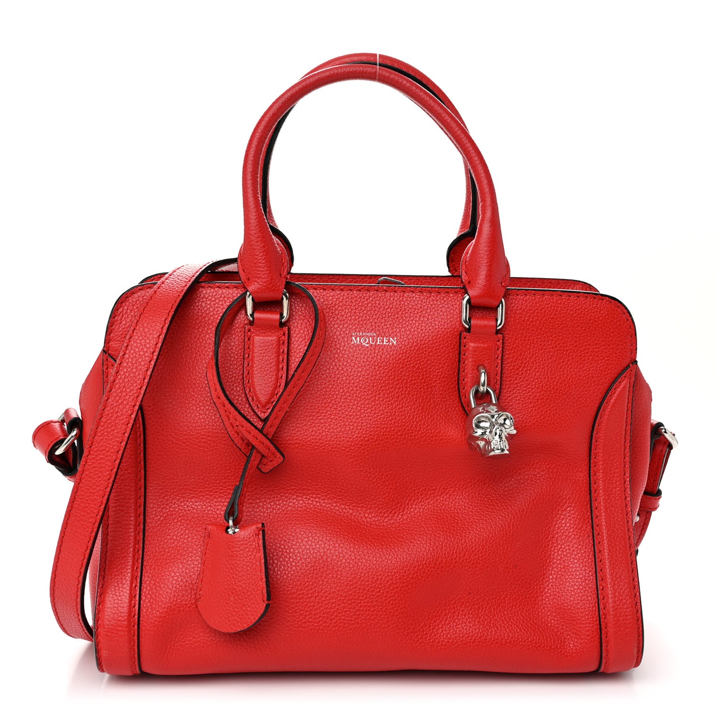 Pebbled Calfskin Small Skull Padlock Zip Around Tote Red