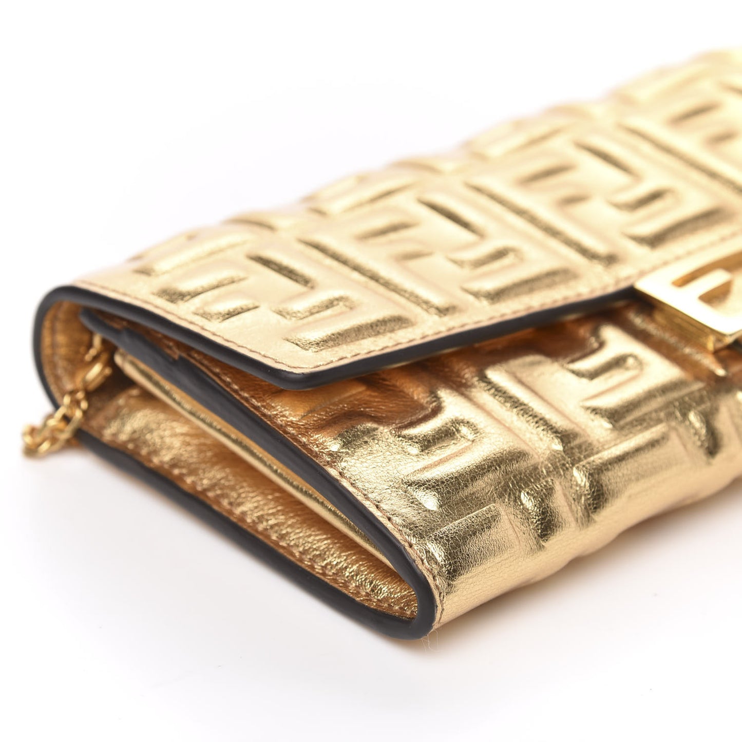 Vitello Catalan Mirror FF 1974 Embossed Continental Wallet on Chain Gold
