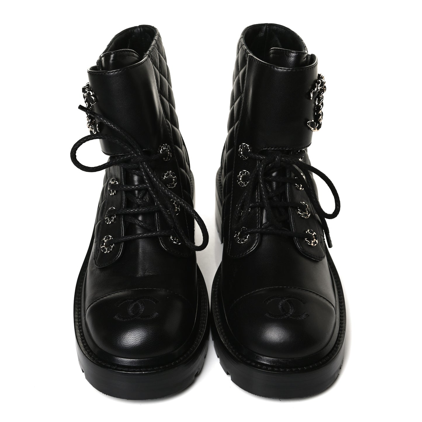 Shiny Lambskin Quilted Lace Up Combat Boots 37.5 Black