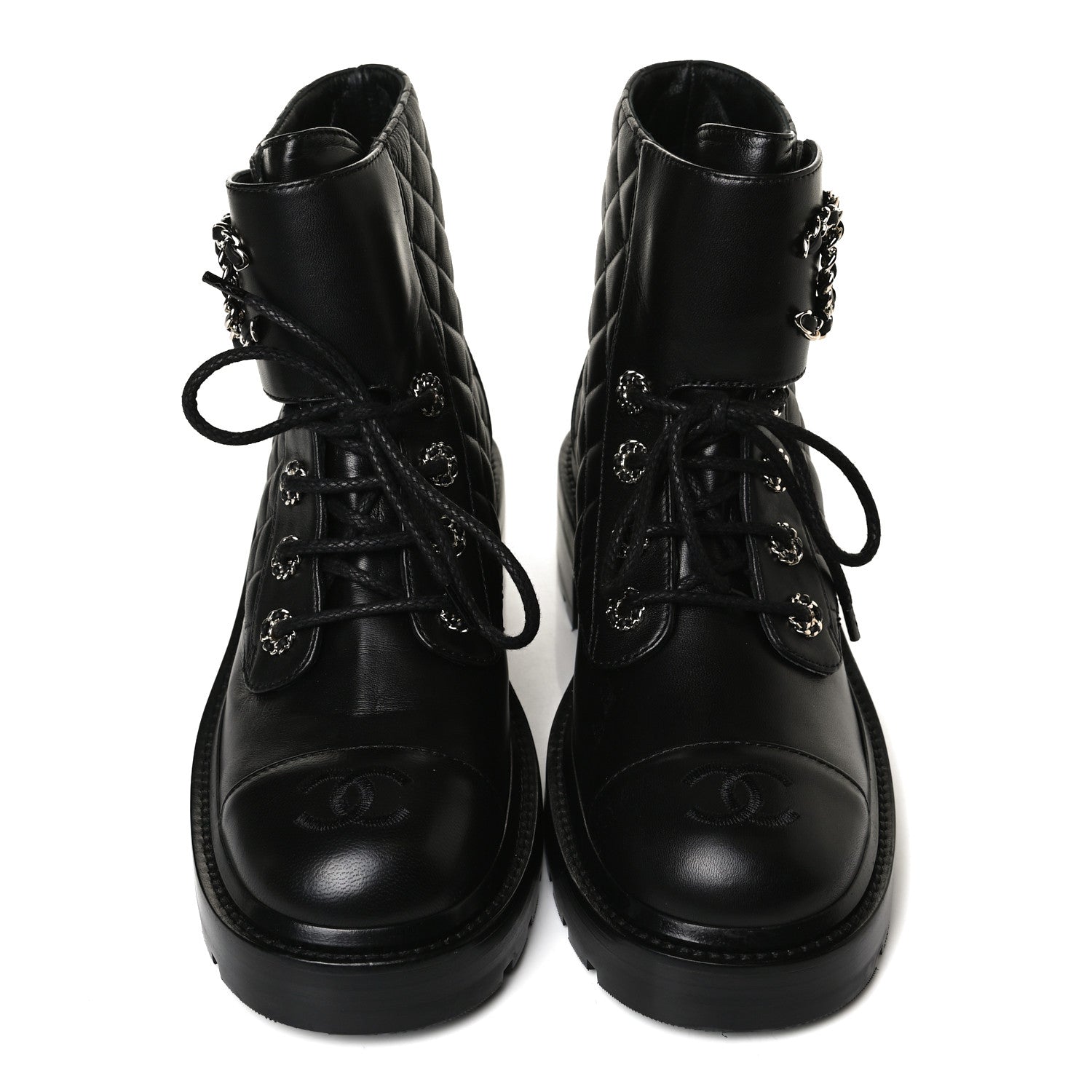 Chanel Shiny Lambskin Quilted Lace Up Combat Boots 37.5 Black 5 of 14