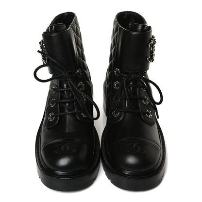 Chanel Shiny Lambskin Quilted Lace Up Combat Boots 37.5 Black 5 of 14