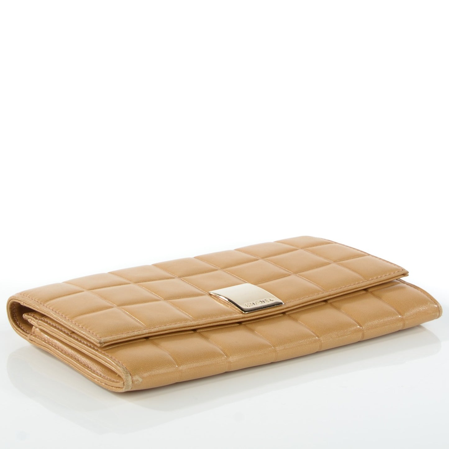 Lambskin Chocolate Bar Quilted Long Wallet Beige