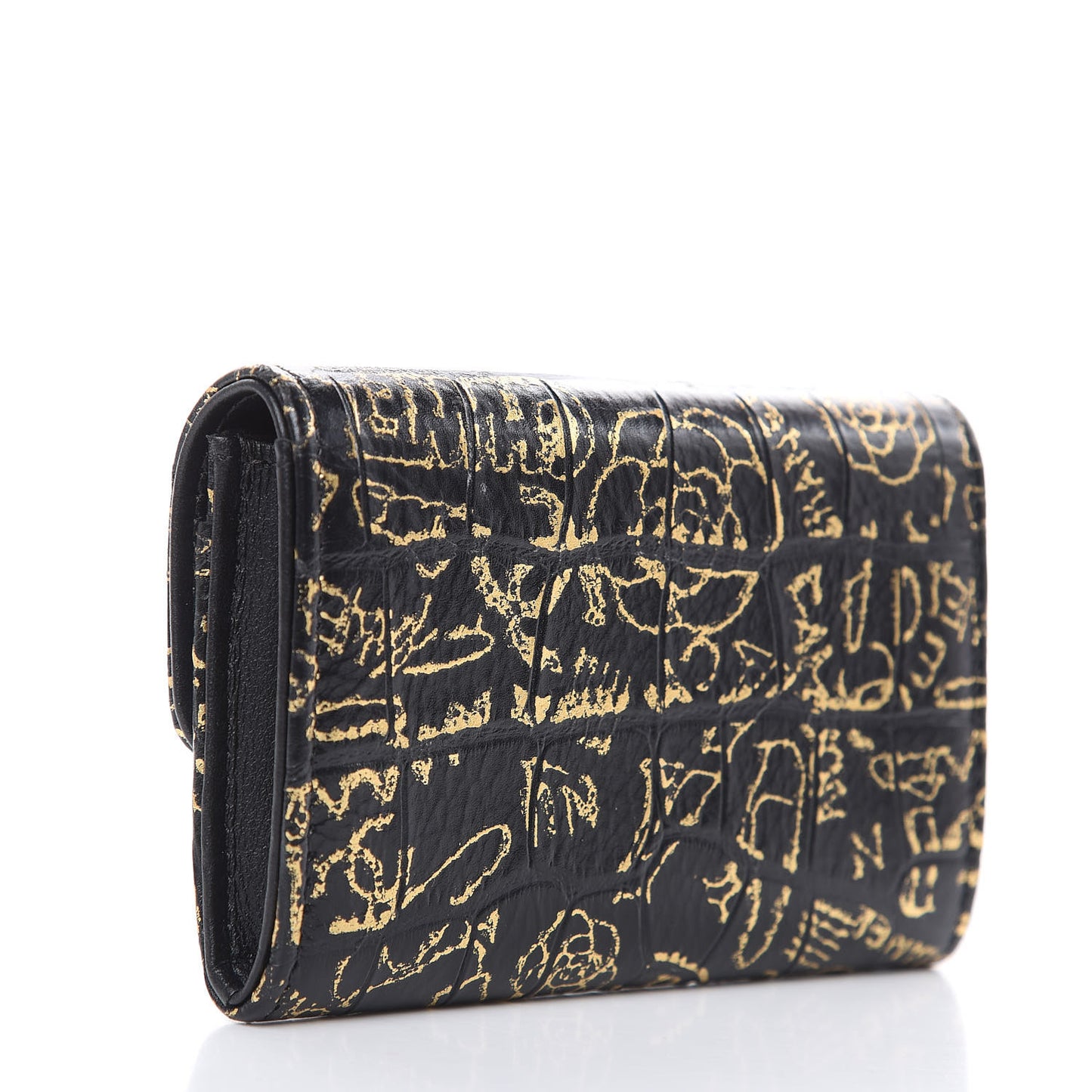 Calfskin Crocodile Embossed Graffiti 2.55 Cocodile Reissue Flap Card Holder Black Gold